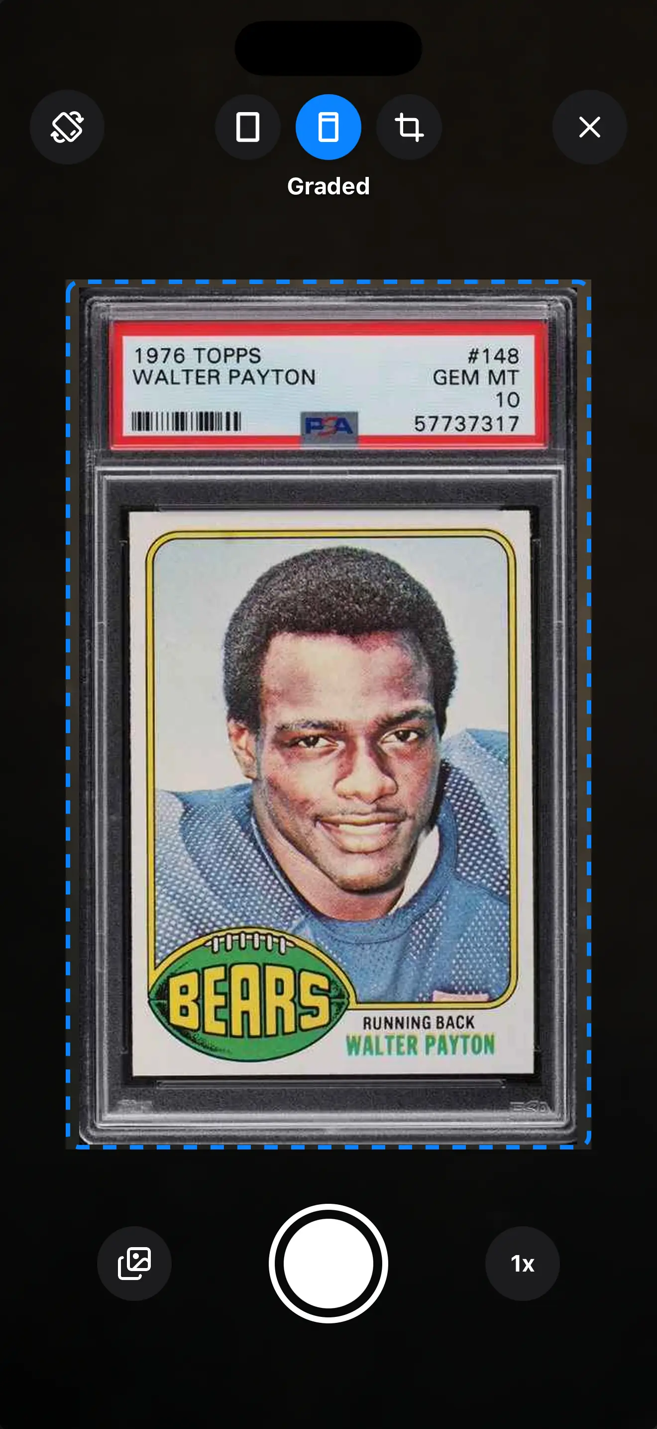 SetScribe scanning and cropping a Walter Payton sports card