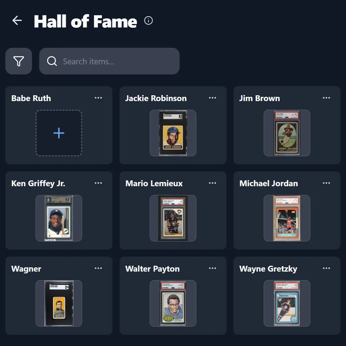 Visual progress board showing card, auto, and memorabilia slots