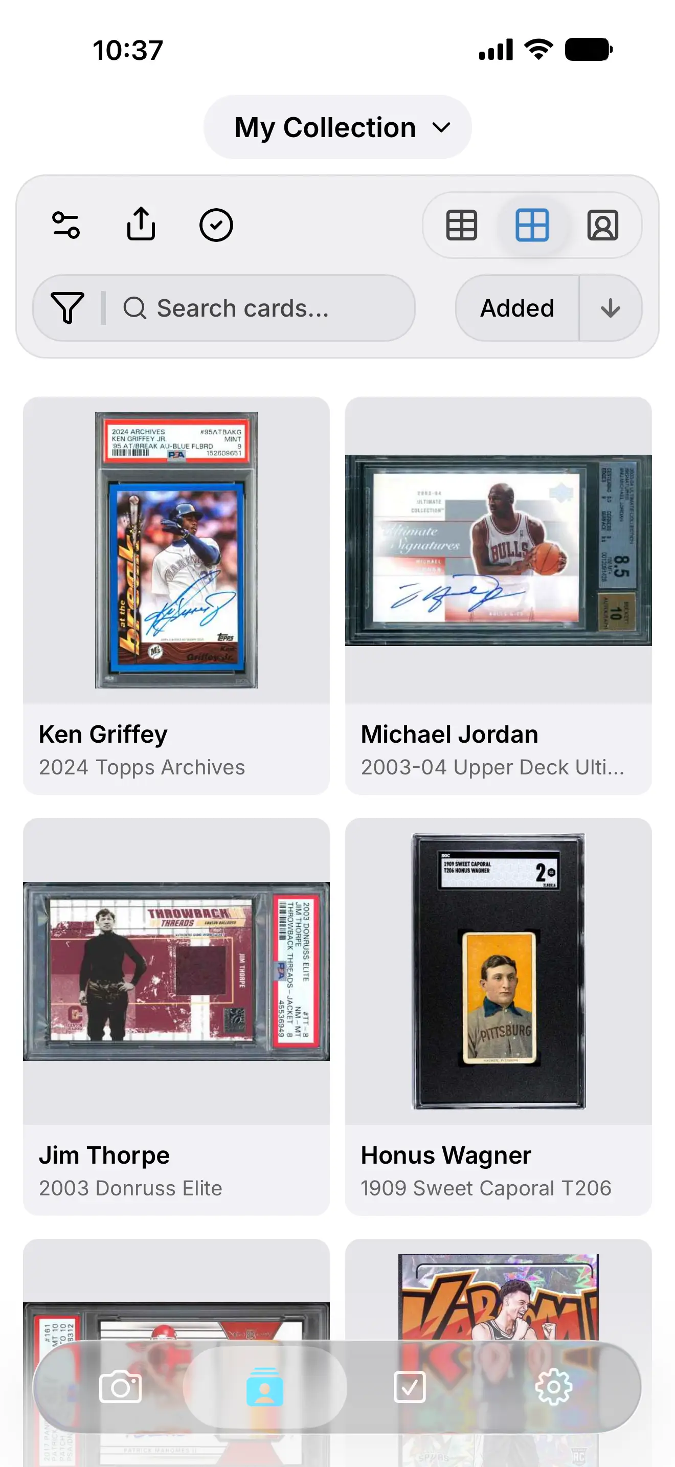 Sports cards organized in the SetScribe mobile collection