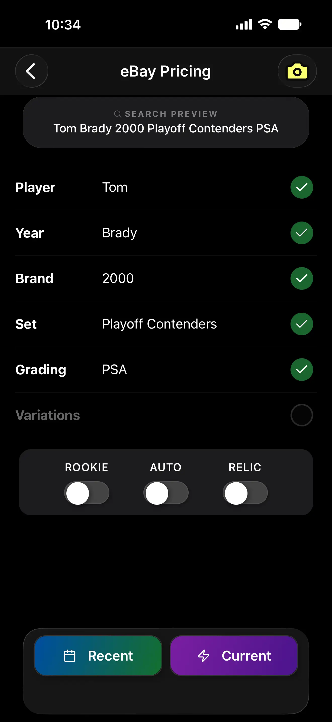 SetScribe card pricing interface showing eBay analysis results